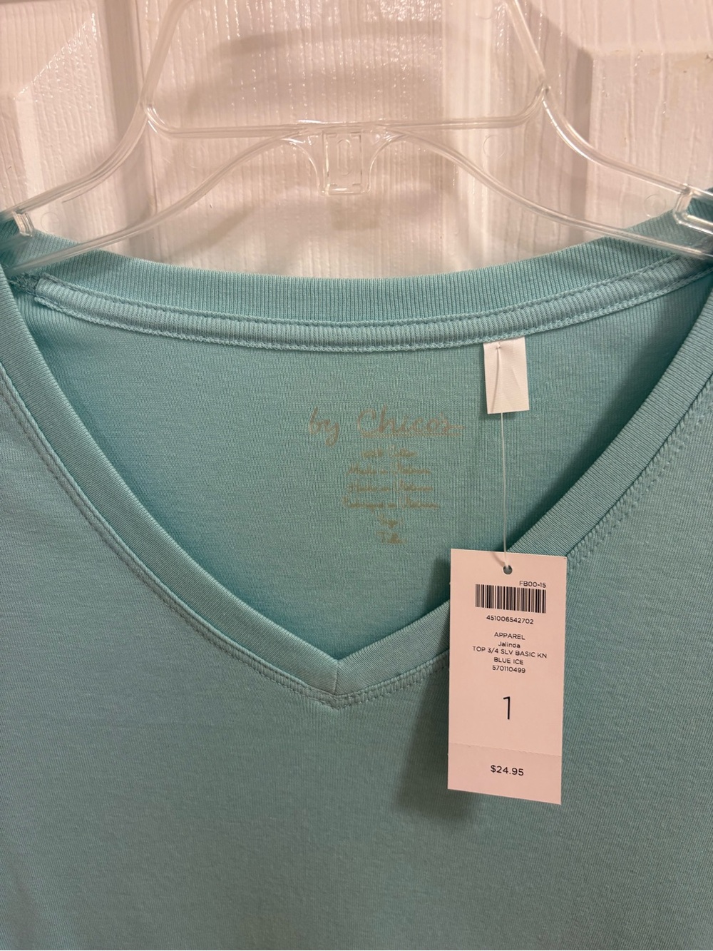 Chicos Malinda top with 3/4 sleeves, basic knit, blue ice, NWT